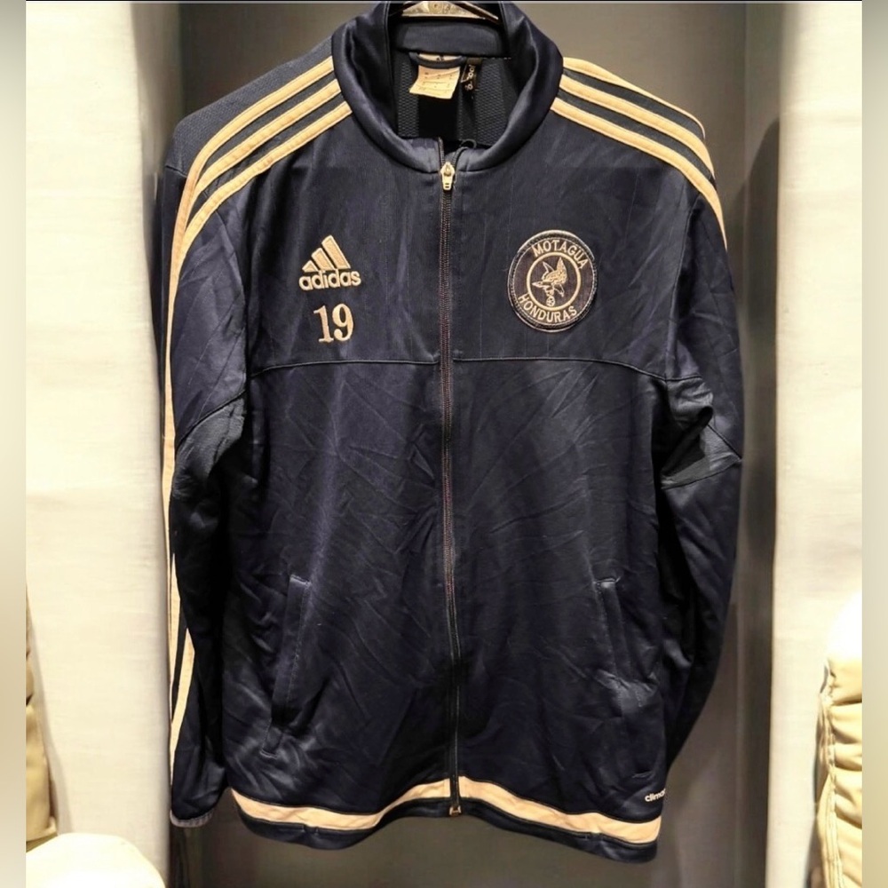 Adidas Men's Dark Blue and Beige Bomber Jacket MEDIUM